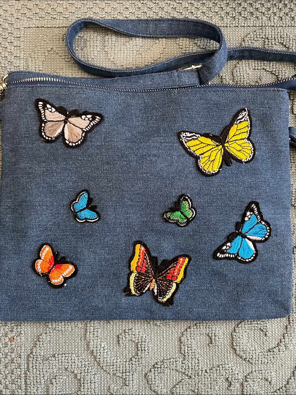 Denim Butterfly Patch Shoulder Bag - Blue